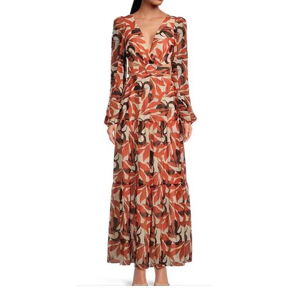 Gianni Bini Lillian Copper Palm Print Dress Womens 8 NWT Tiered Maxi Cut Out - Picture 1 of 10